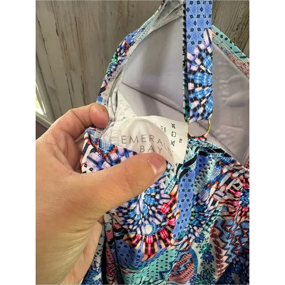 Emerald Bay Ruched Blue Pattern Flattering One Piece Swimsuit 18 Beach Pool - Picture 5 of 5